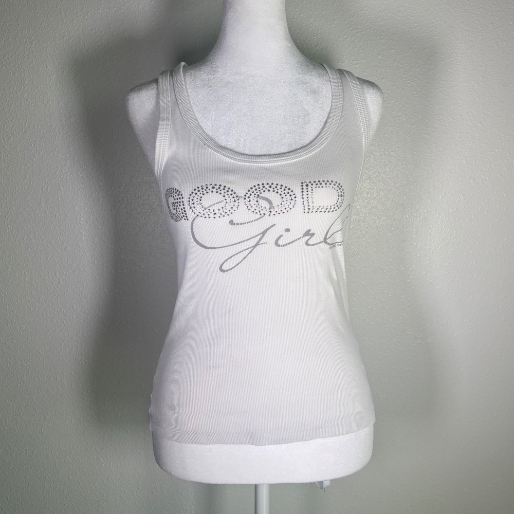 2000s Vtg Y2K Bebe Sport Womens Good Girl Rhinestone Ribbed Tank Top White Small